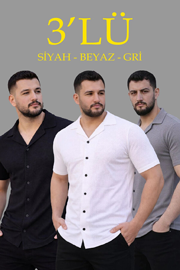 pilelistore Erkek Waffle Kumaş Yazlık Yakalı Kısa Kol Düğmeli Gömlek 3’lü Set Siyah-Beyaz-Gri