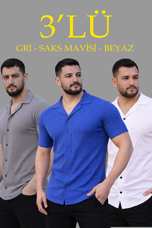 pilelistore Erkek Waffle Kumaş Yakalı Kısa Kol Düğmeli Gömlek 3’lü Set Gri-Saks Mavisi-Beyaz