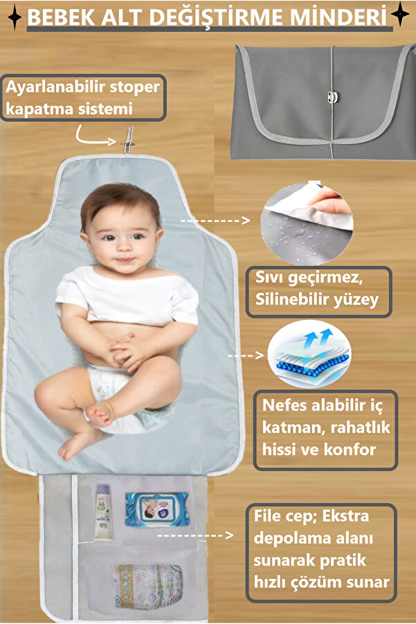 ALİTA TEXTILE Bebek Bakım Örtüsü, Bebek Alt Açma Minderi, File Çanta Bölmeli, Alt Değiştirme Matı, Sıvı geçirmez