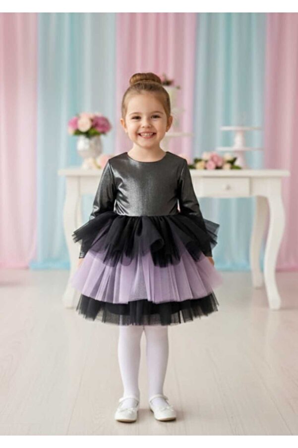 penu baby kids Siyah-Mor Kuromi Parlak Jarse Kat Etekli Uzun Kolu Kız Çocuk Kız Bebek Elbise