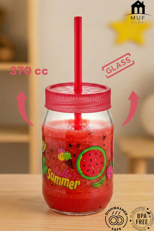 MUF HOME Desenli Pipetli Cam Bardak | Çocuklar İçin BPA İçermez Smoothie Süt Meyve Suyu Bardağı 370cc