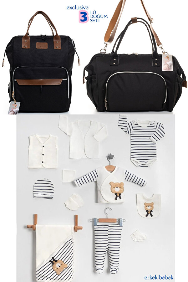 Beyaz Bebek 3'lü Bebek Doğum Seti (10 PARÇALI HASTANE ÇIKIŞ SETİ,ANNE&BEBEK BAKIM OMUZ VE SIRT ÇANTASI)