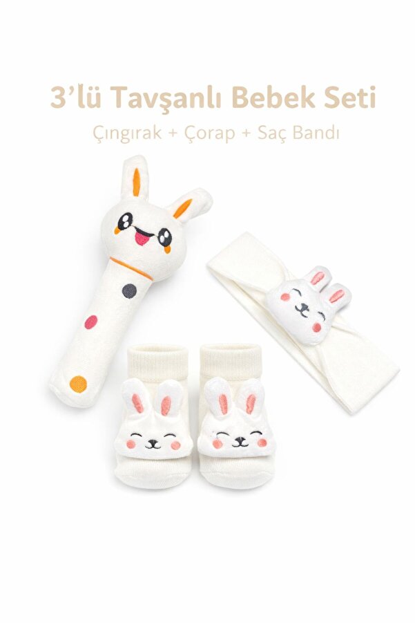 Akface 3`LÜ SET Oyuncaklı Organik pamuk Bandana Çorap ve Çıngırak Vik sesli Oyuncak 0-6 Ay Yenidoğan