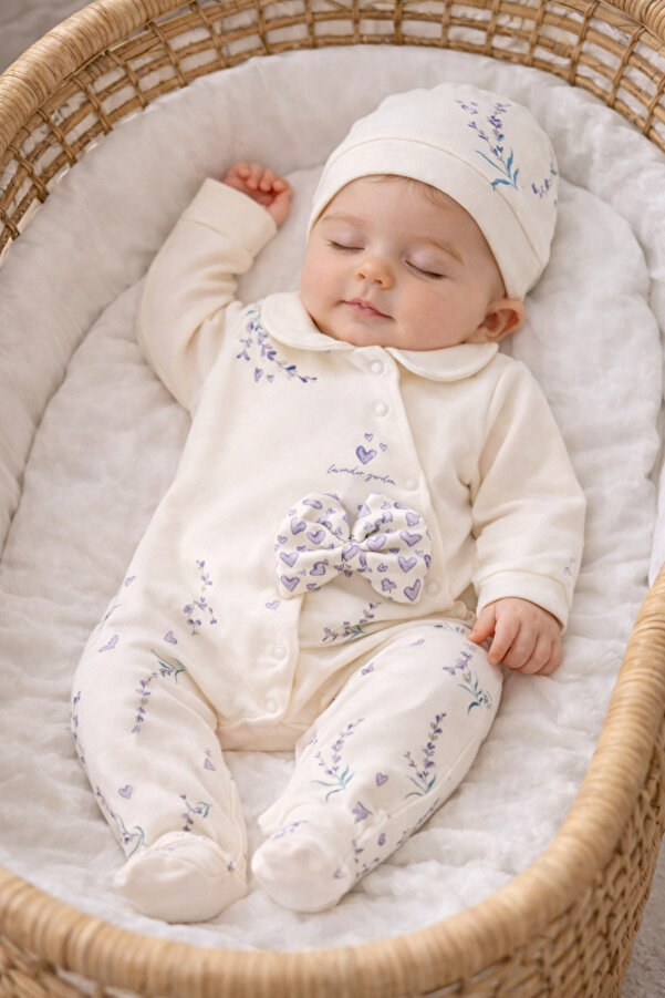 limebabies Kız Bebek Lavanta Bahçesi %100 Pamuk Şapkalı Tulum Seti