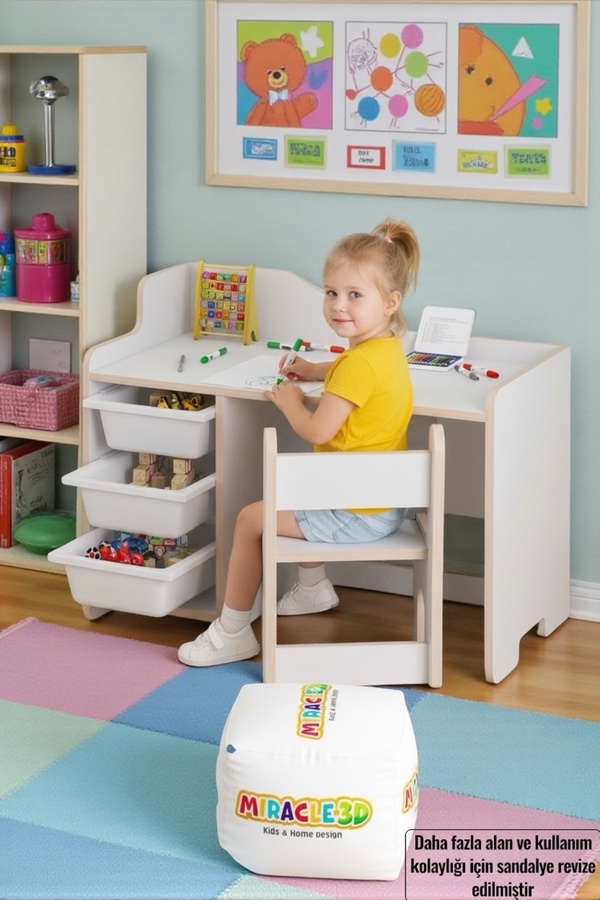 MİRACLE 3D Çocuk Çalışma Masası 90x45 Cm 3 Sepetli Çocuk Çalışma Masası Sırt Dayamalı Sandalye
