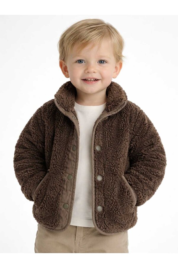 MOW Kids Unisex Kahverengi Çıtçıt Kapamalı Peluş Mont