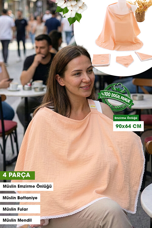 Yada Baby %100 Organik Pamuktan 4 Parça Bürümcük Emzirme Seti, (BATTANİYE, EMZİRME ÖNLÜĞÜ, MENDİL, FULAR)