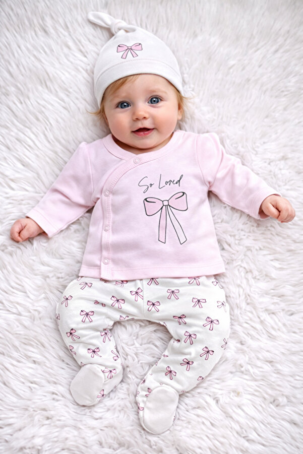 Linda Harris Fiyonk Desenli Pembe 5’li Yenidoğan Kız Bebek Hastane Çıkışı Seti