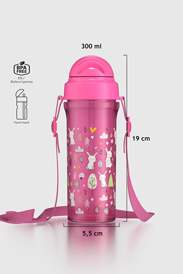 Renga Migo Tavşan Desenli 300 ml Askılı Pipetli PP Bebek Suluk 912013 Pembe