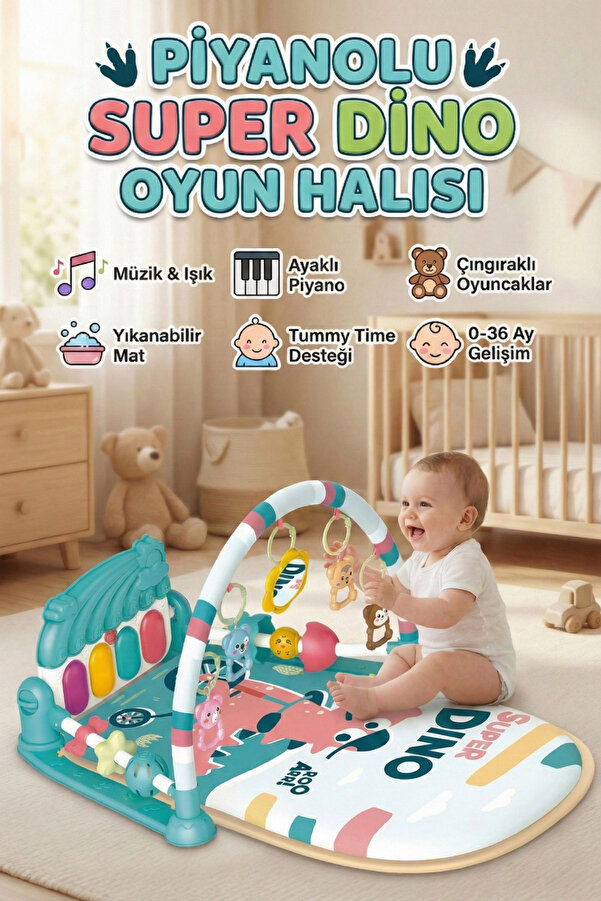 craftivio Piyanolu Bebek Oyun Halısı - Müzikli Işıklı Dinozor Temalı Jimnastik ve Aktivite Merkezi (73x56 cm)
