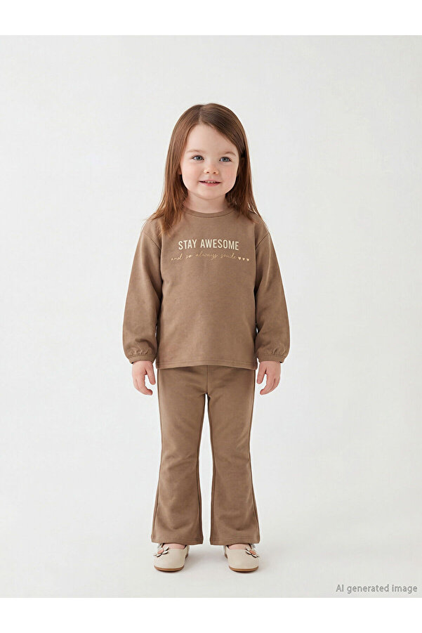 LC Waikiki Nevaa Collection Kahverengi Bisiklet Yaka Baskılı Kız Bebek Sweatshirt ve Tayt