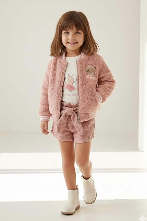Mininio Kız Bebek Tavşan Nakışlı Peluş Mont - Pembe
