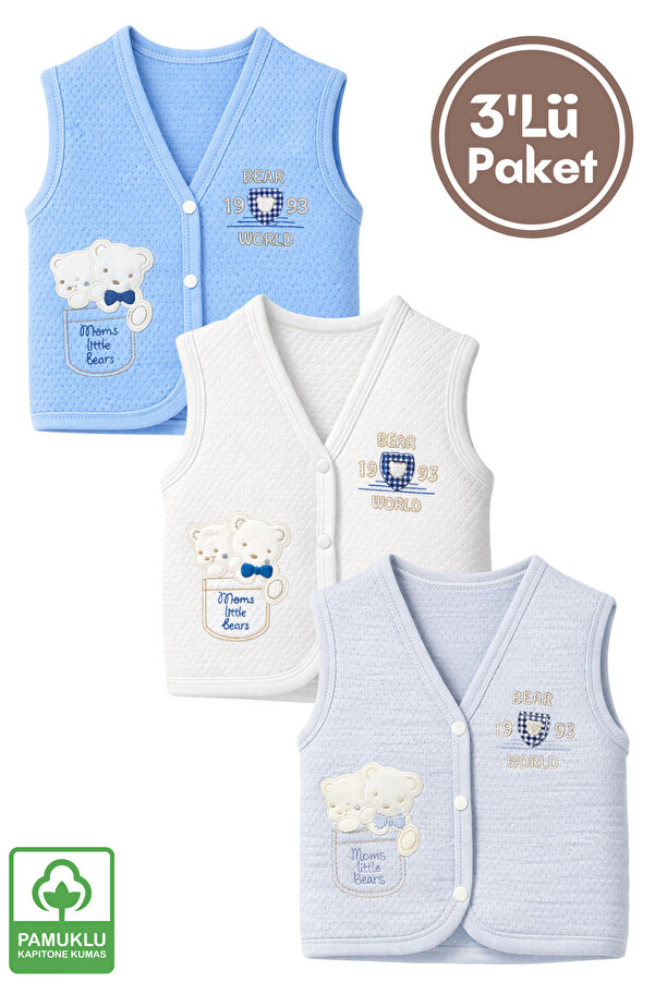 Miniel Unisex Bebek Ikiz Ayıcık Nakışlı Organik Pamuklu 3-6-9 Ay 3Lü Kapitone Bebek Yelek Set