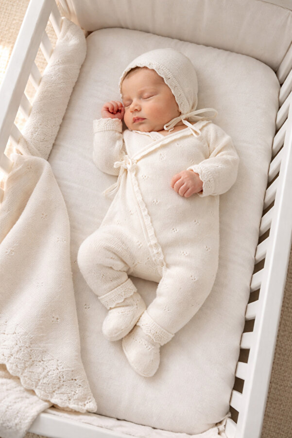 Mert Baby Kruvaze Jakarlı Triko 5'li Organik Hastane Çıkış Seti Krem %100 Pamuk Yenidoğan Kız Bebek