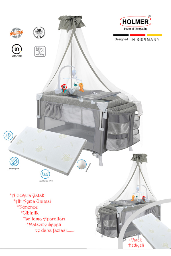 Holmer YATAK HEDİYELİ ( Alt Değiştirme Aparatı, Cibinlik, Dönenceli Oyun Parkı/Park Yatak/Beşik )