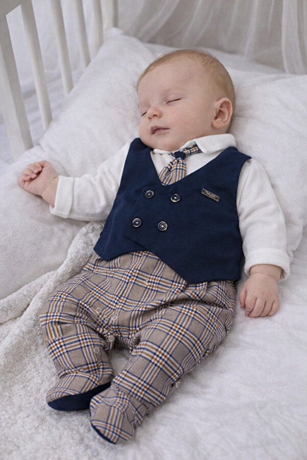 Babydola Takım Görünümlü Kravatlı Yelekli Patikli Bayramlık Erkek Bebek Tulum 13425
