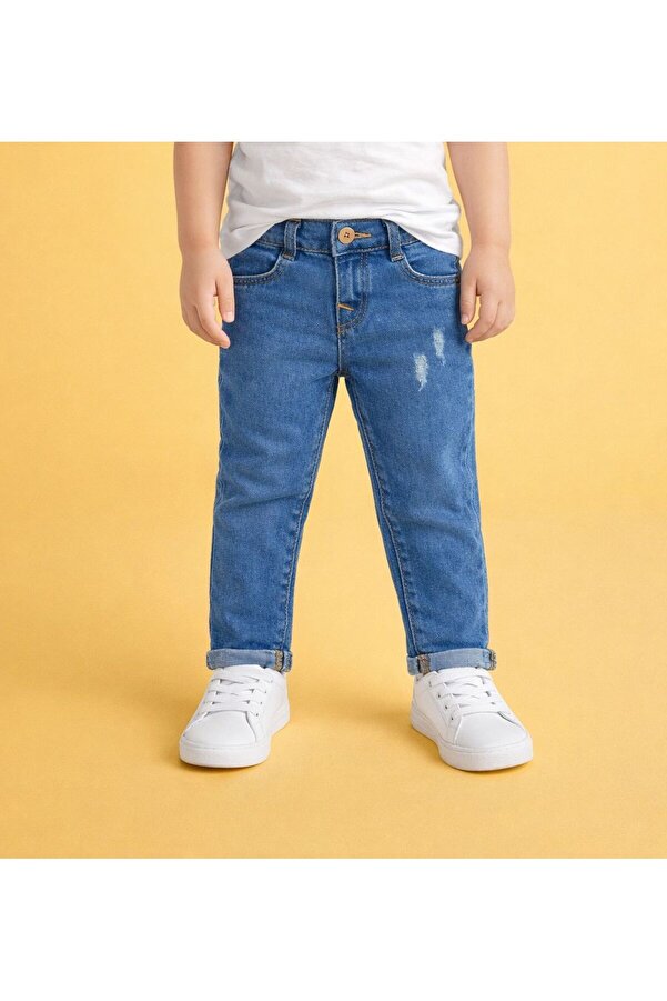 minny max Çocuk Jean Denim Pantolon Yıpratma Detaylı Beli Ayarlanabilir Lastikli