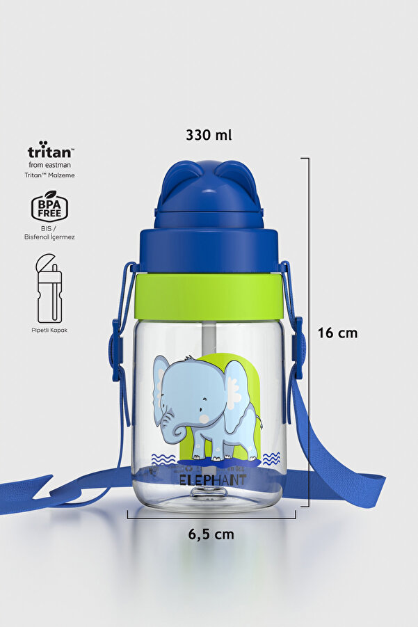 Renga Taffy Desenli 330 ml Askılı Pipetli Tritan Bebek Suluk 222056 Mavi