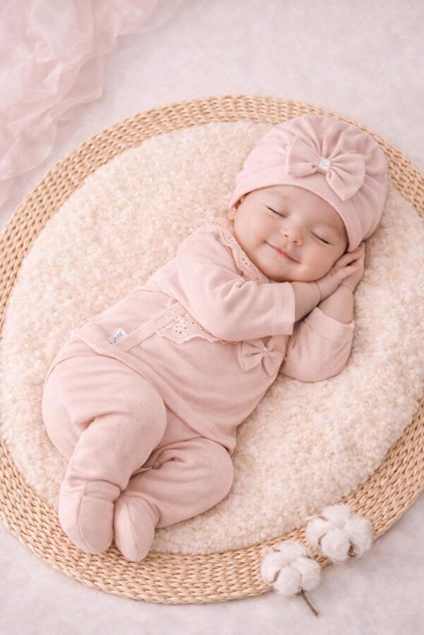 BYS BABY FASHION Fistolu Fiyonklu Natural Lüx %100 Pamuk Yenidoğan Kız Bebek 5 Parça Hastane Çıkışı Zıbın Seti