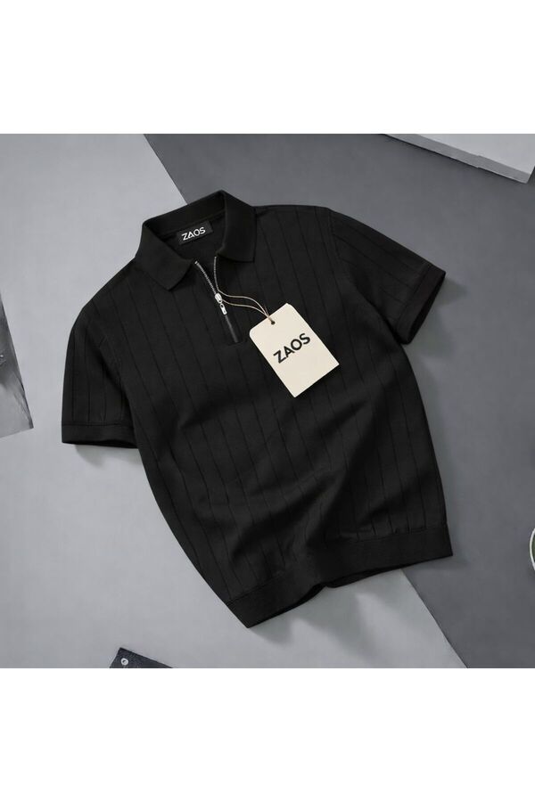 zs zaos fashion men's polo collar zippered textured knit t-shirt cotton quality stretchy comfortable regular fit t-shirt