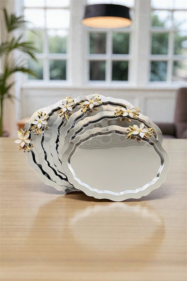 AHİR TİCARET 6 Pieces of Oval Silver 20X25 Stainless Steel Coffee Presentation Tray with Daisy Accessories