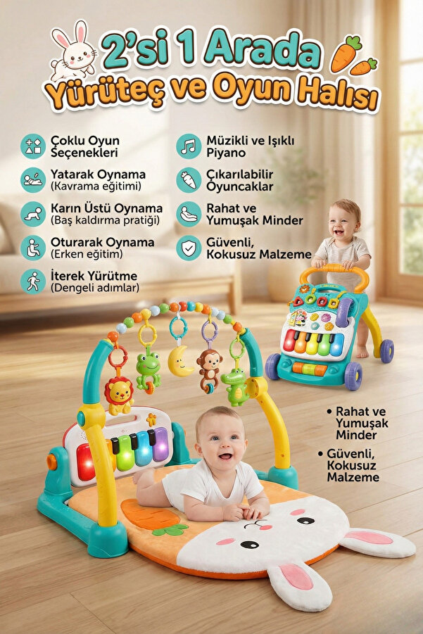 craftivio 2'si 1 Arada Piyanolu Bebek Oyun Halısı ve İlk Adım Arabası - Işıklı Müzikli Tavşanlı Yürüteç