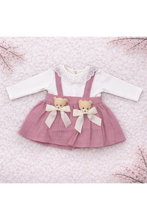MinivaBaby Kız Bebek Ayıcıklı Askılı Müsli Elbise Takımı
