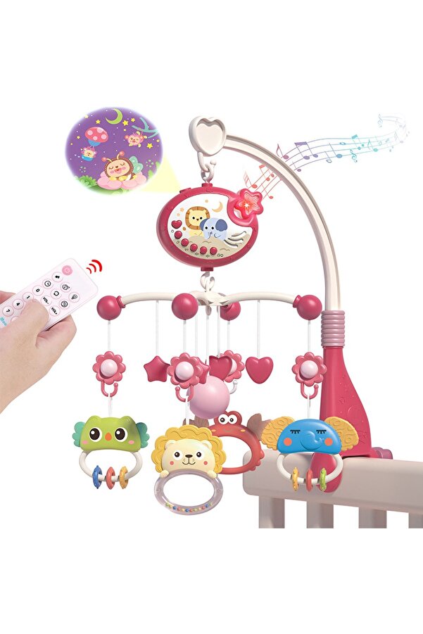 MJ TOYS Işıklı Müzikli Uzaktan Kumandalı Dönence Projektörlü Dönence Oyuncak Beşik Bebek 360° Dönebilir