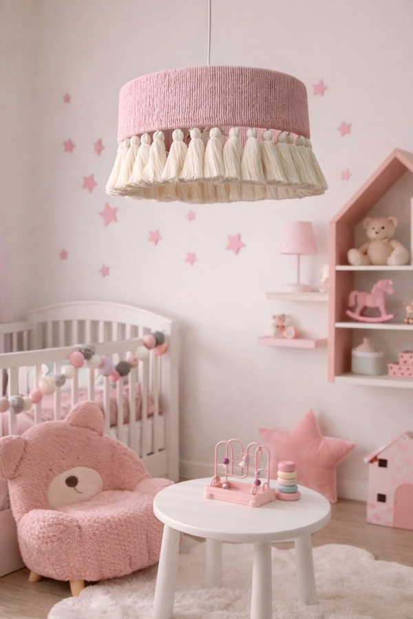 YUTEDEKOR Makrome Pembe Avize – Çocuk Odası, Salon, Yatak Odası, Kafe & Restoran Aydınlatma - 35 cm