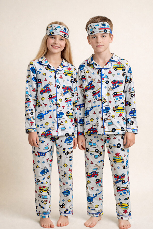 Enie Unisex Çocuk %100 Pamuk Ambulans Desenli Uyku Gözlüklü Pijama Takımı