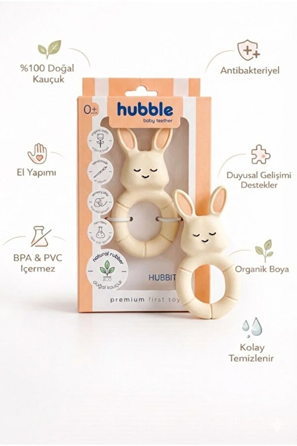 Hubble Bebek Diş Kaşıyıcı Ve Oyuncak - Tavşan Halkalı Şekilli Dişlik (%100 DOĞAL KAUÇUK)