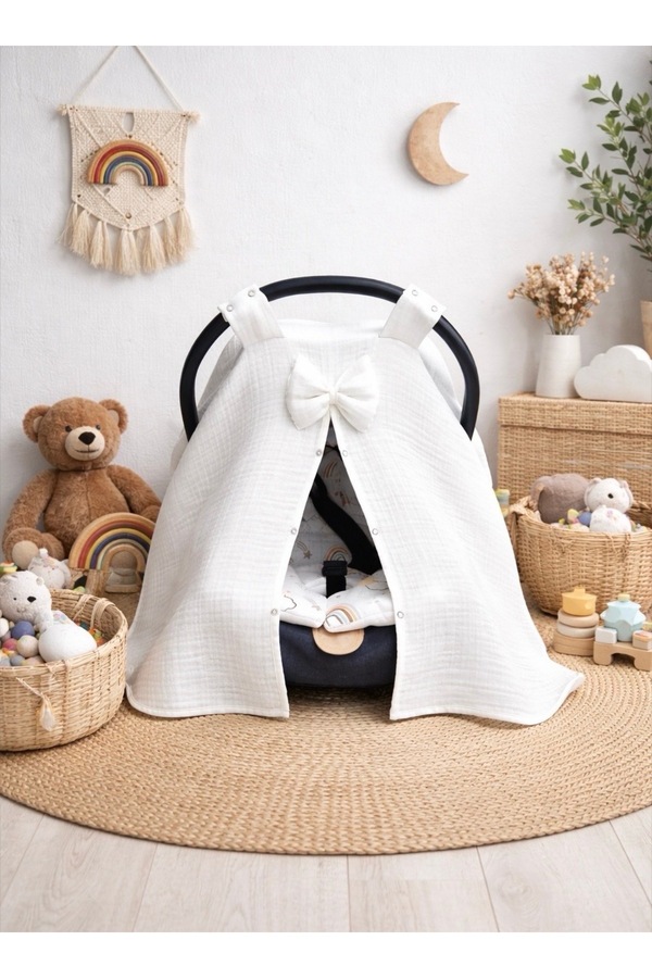 Yada Baby %100 Organik Pamuklu Kumaştan Müslin Dört Kat Minderli Puset Örtüsü Seti (KIRIK BEYAZ RENK)