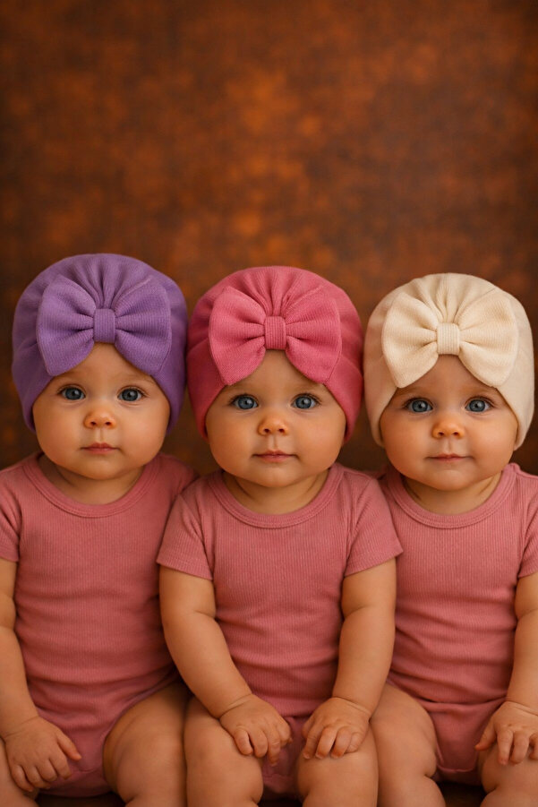 Pico Baby Fiyonklu Çift Kat Bebek Bone 3'lü Set- Mor/Beyaz/Pembe