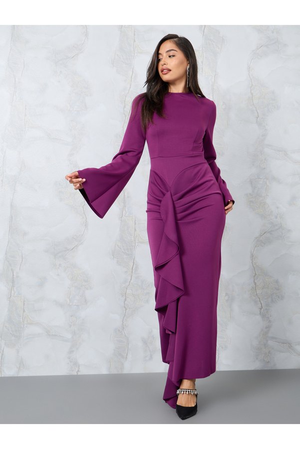 Styli Ruffle Panel Bell Sleeve Bodycon Maxi Dress