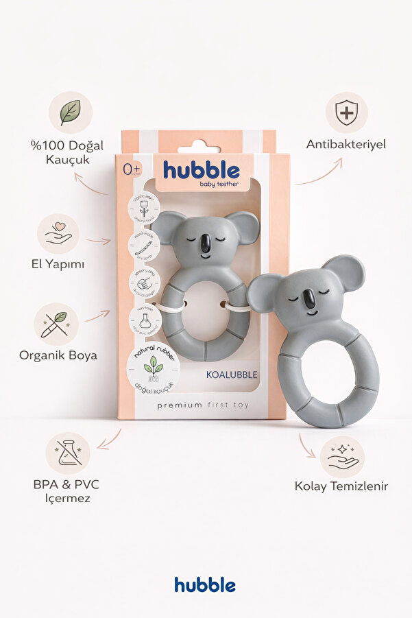 Hubble Bebek Diş Kaşıyıcı & Oyuncak - Koala Halkalı Şekilli Dişlik (%100 DOĞAL KAUÇUK) BPA İçermez