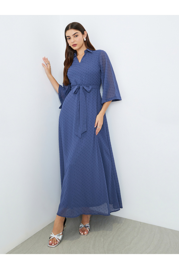 Styli Women Blue Textured Collared A-Line Maxi Dress