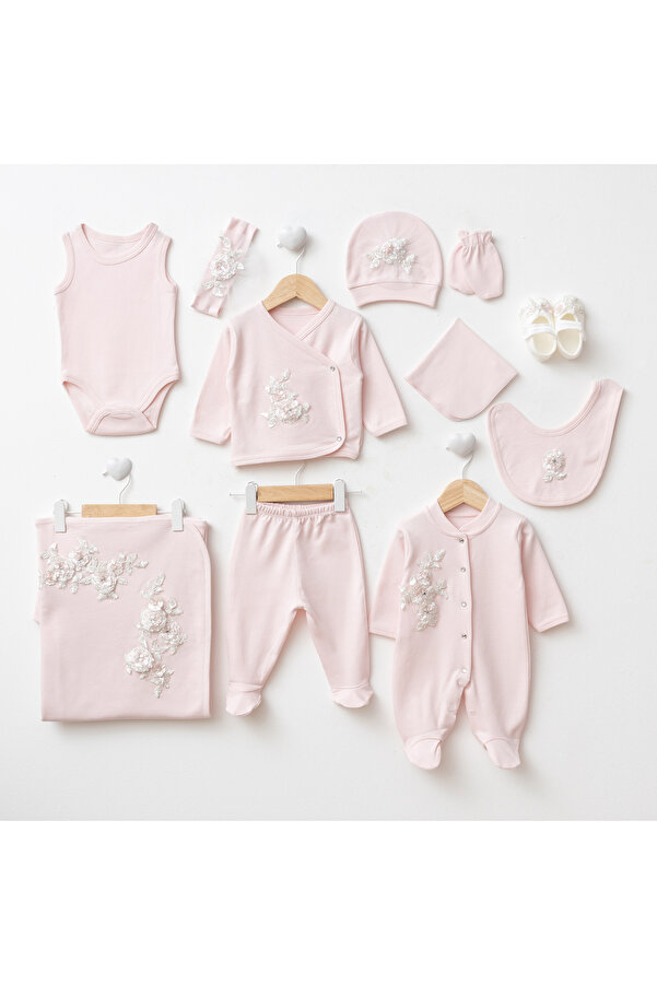 Eda Baby İthal Dantelli 10'lu Organik Hastane Çıkış Seti %100 Pamuk Yenidoğan Kız Bebek