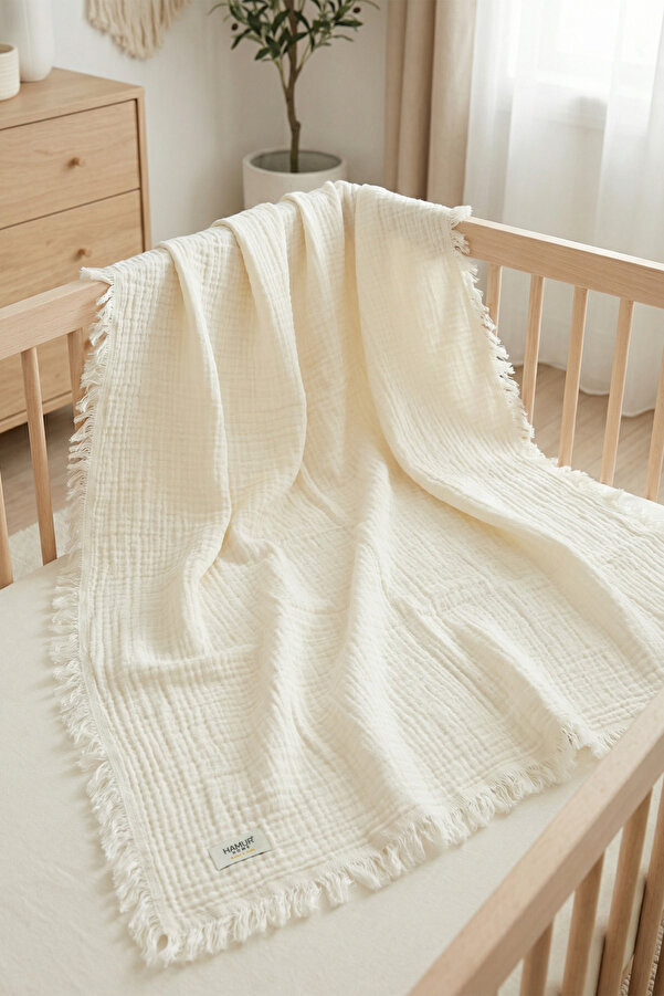 HAMUR Müslin Bebek Pikesi %100 Pamuk 85x100 cm Yenidoğan Bebek Arabası Puset Örtüsü Kundak Battaniye Ekru