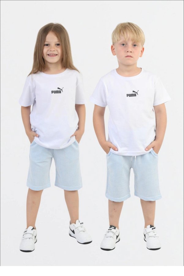 MAVİ BONCUKK Unisex Kids White Logo Printed T-Shirt and Green Striped Shorts Summer Two-Piece Set