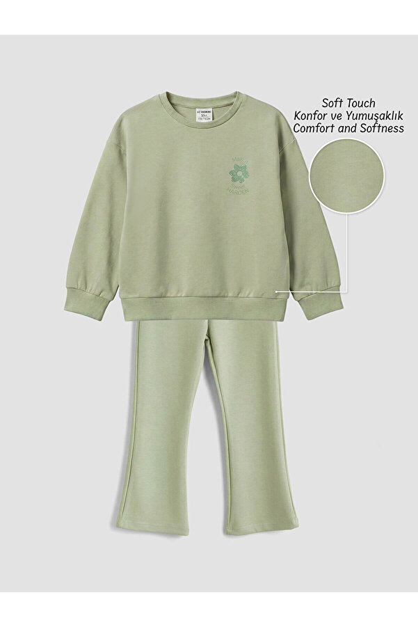 LC Waikiki Elsiva Collection Yeşil Çiçek Baskılı Kız Çocuk Soft Touch Sweatshirt ve Eşofman Altı fotoğrafı 1