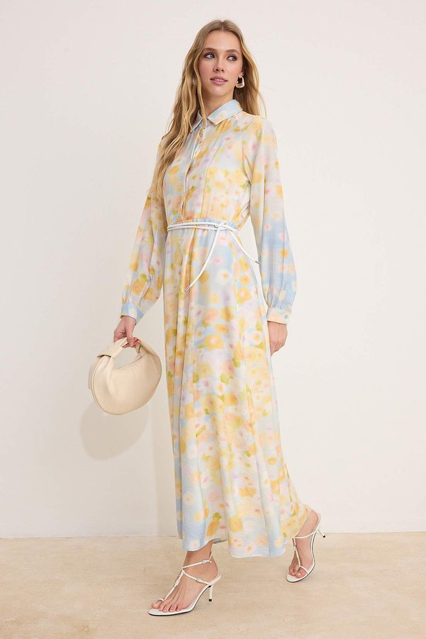 Trendyol Modest Light Blue Leather Belted Floral Woven Lilyum Woven Dress Tctss26Eb00012