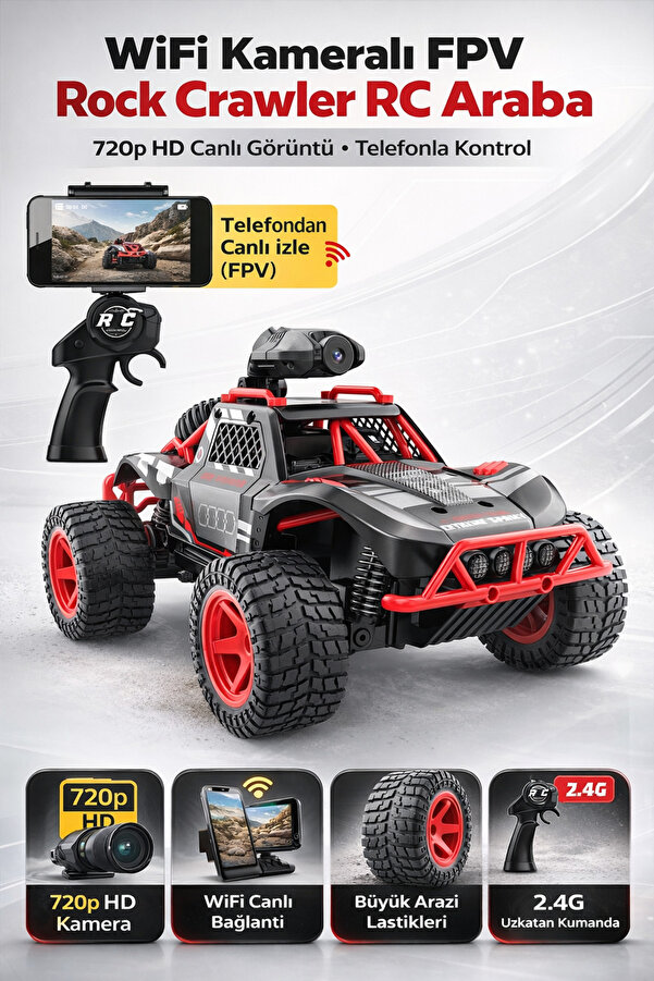 TRENDZONE Şarjlı 720p WiFi Kameralı FPV RC Rock Crawler OFF-ROAD Araba | Büyük Arazi Lastikli 23cm