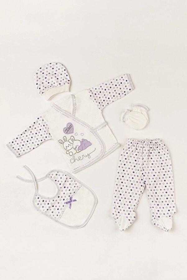 bombino O Bebe Yenidoğan 5li Hastane Çıkışı Zıbın Set Lila Tavşan