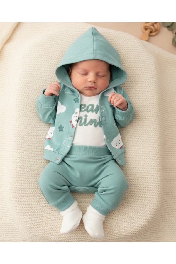 VOY KİDS Erkek Bebek Nakışlı 3-6-9 Ay Kapüşonlu Uzun Kol Zıbın Takımı Yeni Doğan