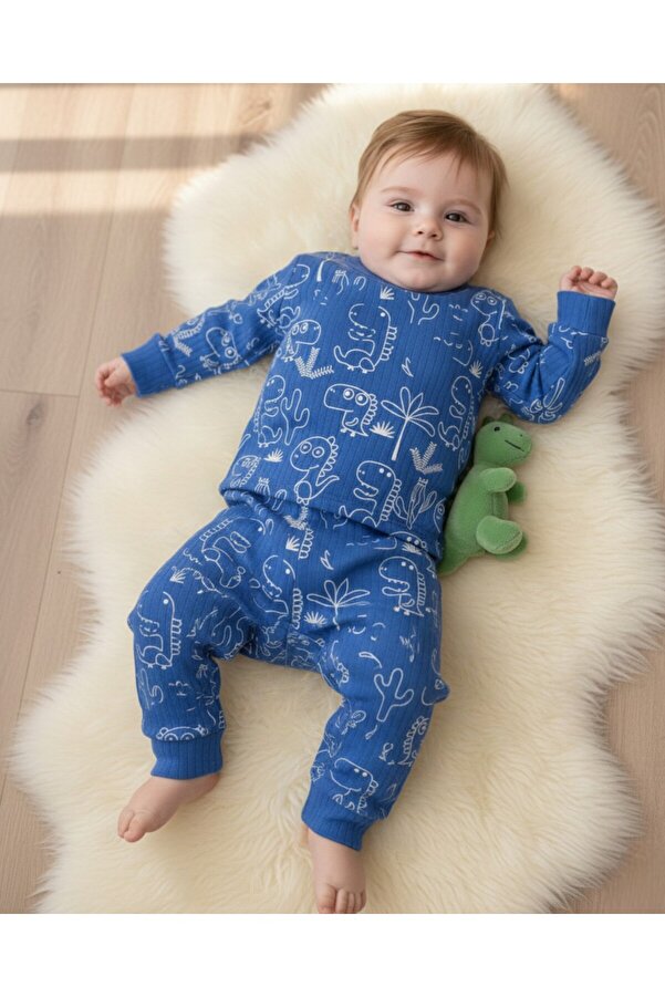 Egelite Erkek Bebek Takımı Mevsimlik Uzun Kollu Bisiklet Yaka Dinazor Baskılı Fitilli Alt Üst Bebek Takımı