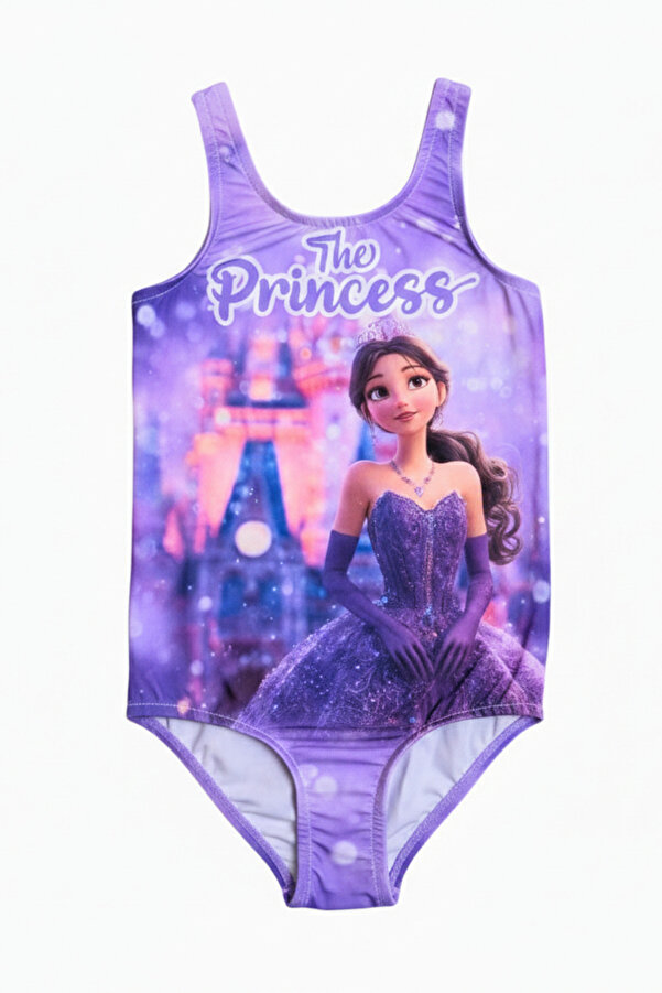 Papiş Kız Çocuk Mayo Mor Prenses Desenli Rahat Hızlı Kuruyan Deniz Havuz Plaj Mayosu