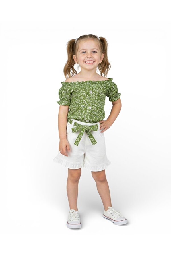 Egelite Kız Çocuk Yazlık 2-3-4-5-6 Yaş Fitilli Üst ve Kemerli Şortlu Şık 2'Lİ Alt Üst Takım