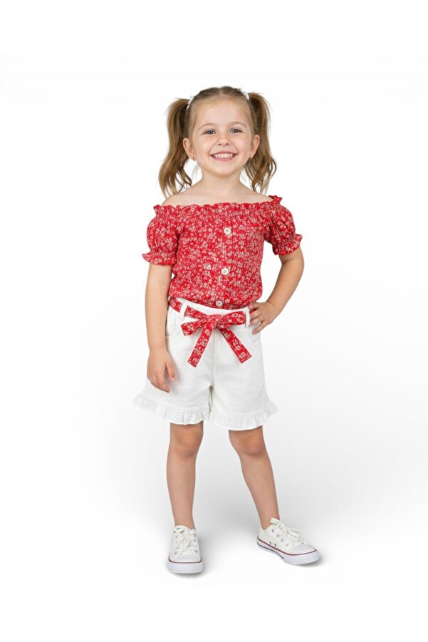 Egelite Kız Çocuk Yazlık 2-3-4-5-6 Yaş Fitilli Üst ve Kemerli Şortlu Şık 2'Lİ Alt Üst Takım