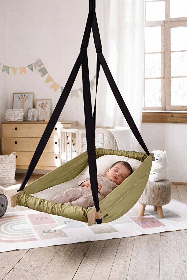 Bundera Flow Kahve Ahşap Yaylı Zıpzıp Hamak Beşik Hoppala Tavana Asılan Hamak Salıncak Bebek Yatağı