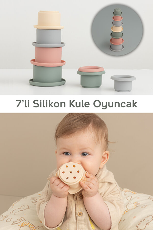 Meleni Baby 7 Parça Silikon Kule Oyuncak - Bebek Duyusal Eğitici Oyun Kulesi Aktivite Oyuncağı Renkli